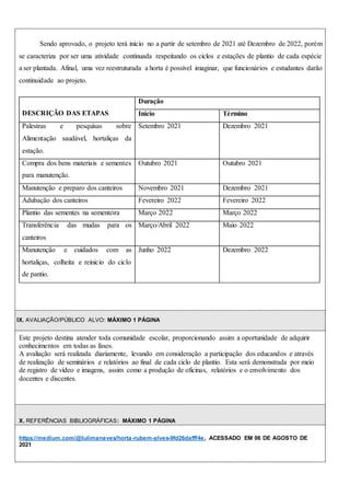 Sendo aprovado, o projeto terá início no a partir de setembro de 2021 até Dezembro de 2022, porém
se caracteriza por ser uma atividade continuada respeitando os ciclos e estações de plantio de cada espécie
a ser plantada. Afinal, uma vez reestruturada a horta é possível imaginar, que funcionários e estudantes darão
continuidade ao projeto.
DESCRIÇÃO DAS ETAPAS
Duração
Início Término
Palestras e pesquisas sobre
Alimentação saudável, hortaliças da
estação.
Setembro 2021 Dezembro 2021
Compra dos bens materiais e sementes
para manutenção.
Outubro 2021 Outubro 2021
Manutenção e preparo dos canteiros Novembro 2021 Dezembro 2021
Adubação dos canteiros Fevereiro 2022 Fevereiro 2022
Plantio das sementes na sementeira Março 2022 Março 2022
Transferência das mudas para os
canteiros
Março/Abril 2022 Maio 2022
Manutenção e cuidados com as
hortaliças, colheita e reinicio do ciclo
de pantio.
Junho 2022 Dezembro 2022
IX. AVALIAÇÃO/PÚBLICO ALVO: MÁXIMO 1 PÁGINA
Este projeto destina atender toda comunidade escolar, proporcionando assim a oportunidade de adquirir
conhecimentos em todas as fases.
A avaliação será realizada diariamente, levando em consideração a participação dos educandos e através
de realização de seminários e relatórios ao final de cada ciclo de plantio. Esta será demonstrada por meio
de registro de vídeo e imagens, assim como a produção de oficinas, relatórios e o envolvimento dos
docentes e discentes.
X. REFERÊNCIAS BIBLIOGRÁFICAS: MÁXIMO 1 PÁGINA
https://medium.com/@lulimaneves/horta-rubem-alves-9fd26dafff4e, ACESSADO EM 06 DE AGOSTO DE
2021
 