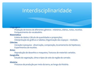 Interdisciplinaridade
Linguagem:
Produção de textos de diferentes gêneros - relatórios, diários, notas, receitas;
Enriquecimento do vocabulário.
Matemática:
Coleta de dados; Cálculo de quantidades e proporções;
Interpretação de gráficos e tabelas; Organização dos espaços – medição.
Ciências:
Iniciação à pesquisa - observação, comparação, levantamento de hipóteses;
Experimentos de receitas.
Artes:
Reprodução de desenhos e maquetes; Texturas de materiais variados.
Geografia:
Estudo da vegetação, clima e tipos de solo da região do cerrado.
História:
Processo de produção por meio da terra, ao longo da História.

 