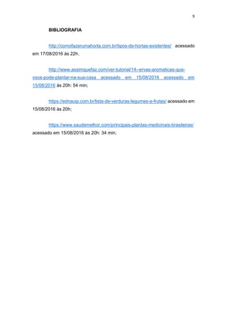 9
BIBLIOGRAFIA
http://comofazerumahorta.com.br/tipos-de-hortas-existentes/ acessado
em 17/08/2016 às 22h.
http://www.assimquefaz.com/ver-tutorial/14--ervas-aromaticas-que-
voce-pode-plantar-na-sua-casa acessado em 15/08/2016 acessado em
15/08/2016 às 20h: 54 min;
https://ednauip.com.br/lista-de-verduras-legumes-e-frutas/ acessado em
15/08/2016 às 20h;
https://www.saudemelhor.com/principais-plantas-medicinais-brasileiras/
acessado em 15/08/2016 às 20h: 34 min;
 