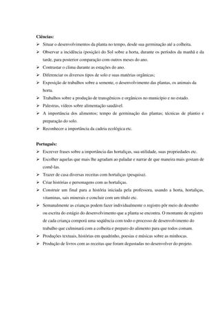 Ciências:
Situar o desenvolvimentos da planta no tempo, desde sua germinação até a colheita.
Observar a incidência (posição) do Sol sobre a horta, durante os períodos da manhã e da
tarde, para posterior comparação com outros meses do ano.
Contrastar o clima durante as estações do ano.
Diferenciar os diversos tipos de solo e suas matérias orgânicas;
Exposição de trabalhos sobre a semente, o desenvolvimento das plantas, os animais da
horta.
Trabalhos sobre a produção de transgênicos e orgânicos no município e no estado.
Palestras, vídeos sobre alimentação saudável.
A importância dos alimentos; tempo de germinação das plantas; técnicas de plantio e
preparação do solo.
Reconhecer a importância da cadeia ecológica etc.
Português:
Escrever frases sobre a importância das hortaliças, sua utilidade, suas propriedades etc.
Escolher aquelas que mais lhe agradam ao paladar e narrar de que maneira mais gostam de
comê-las.
Trazer de casa diversas receitas com hortaliças (pesquisa).
Criar histórias e personagens com as hortaliças.
Construir um final para a história iniciada pela professora, usando a horta, hortaliças,
vitaminas, sais minerais e concluir com um título etc.
Semanalmente as crianças podem fazer individualmente o registro pôr meio de desenho
ou escrita do estágio do desenvolvimento que a planta se encontra. O montante de registro
de cada criança comporá uma seqüência com todo o processo de desenvolvimento do
trabalho que culminará com a colheita e preparo do alimento para que todos comam.
Produções textuais, histórias em quadrinho, poesias e músicas sobre as minhocas.
Produção de livros com as receitas que foram degustadas no desenvolver do projeto.

 