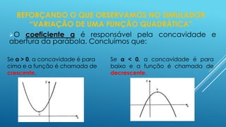 REFORÇANDO O QUE OBSERVAMOS NO SIMULADOR
“VARIAÇÃO DE UMA FUNÇÃO QUADRÁTICA”
O

coeficiente a é responsável pela concavidade e
abertura da parábola. Concluímos que:
Se a > 0, a concavidade é para
cima e a função é chamada de
crescente.

Se a < 0, a concavidade é para
baixo e a função é chamada de
decrescente.

 