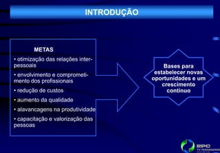 INTRODUÇÃO



        METAS
• otimização das relações inter-
pessoais                                       Bases para
• envolvimento e comprometi-               estabelecer novas
mento dos profissionais                   oportunidades e um
                                              crescimento
• redução de custos                             contínuo
• aumento da qualidade
• alavancagens na produtividade
• capacitação e valorização das
pessoas
 