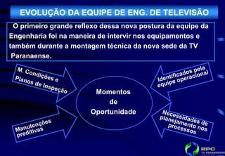 EVOLUÇÃO DA EQUIPE DE ENG. DE TELEVISÃO
 O primeiro grande reflexo dessa nova postura da equipe da
Engenharia foi na maneira de intervir nos equipamentos e
também durante a montagem técnica da nova sede da TV
 Paranaense.




                        Momentos
                            de
                       Oportunidade
 