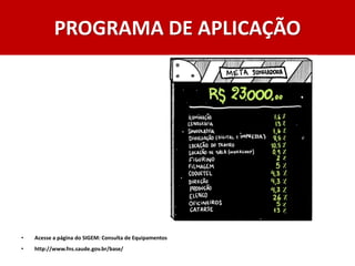 PROGRAMA DE APLICAÇÃO
• Acesse a página do SIGEM: Consulta de Equipamentos
• http://www.fns.saude.gov.br/base/
 