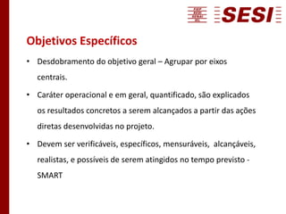 Objetivos Específicos
• Desdobramento do objetivo geral – Agrupar por eixos
centrais.
• Caráter operacional e em geral, quantificado, são explicados
os resultados concretos a serem alcançados a partir das ações
diretas desenvolvidas no projeto.
• Devem ser verificáveis, específicos, mensuráveis, alcançáveis,
realistas, e possíveis de serem atingidos no tempo previsto -
SMART
 