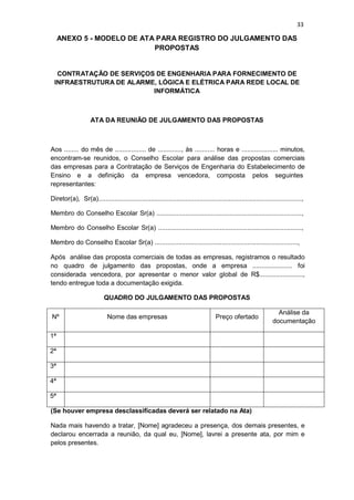 33
ANEXO 5 - MODELO DE ATA PARA REGISTRO DO JULGAMENTO DAS
PROPOSTAS
CONTRATAÇÃO DE SERVIÇOS DE ENGENHARIA PARA FORNECIMENTO DE
INFRAESTRUTURA DE ALARME, LÓGICA E ELÉTRICA PARA REDE LOCAL DE
INFORMÁTICA
ATA DA REUNIÃO DE JULGAMENTO DAS PROPOSTAS
Aos ........ do mês de ................. de ............., às ........... horas e .................... minutos,
encontram-se reunidos, o Conselho Escolar para análise das propostas comerciais
das empresas para a Contratação de Serviços de Engenharia do Estabelecimento de
Ensino e a definição da empresa vencedora, composta pelos seguintes
representantes:
Diretor(a), Sr(a)................................................................................................................,
Membro do Conselho Escolar Sr(a) ................................................................................,
Membro do Conselho Escolar Sr(a) ...............................................................................,
Membro do Conselho Escolar Sr(a) ...............................................................................,
Após análise das proposta comerciais de todas as empresas, registramos o resultado
no quadro de julgamento das propostas, onde a empresa ...................... foi
considerada vencedora, por apresentar o menor valor global de R$........................,
tendo entregue toda a documentação exigida.
QUADRO DO JULGAMENTO DAS PROPOSTAS
Nº Nome das empresas Preço ofertado
Análise da
documentação
1ª
2ª
3ª
4ª
5ª
(Se houver empresa desclassificadas deverá ser relatado na Ata)
Nada mais havendo a tratar, [Nome] agradeceu a presença, dos demais presentes, e
declarou encerrada a reunião, da qual eu, [Nome], lavrei a presente ata, por mim e
pelos presentes.
 
