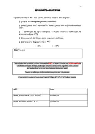 43
DOCUMENTAÇÃO ENTREGUE
O preenchimento da ART está correto, contendo todos os itens exigidos?
( ) ART é assinada por engenheiro eletricista?
( ) execução de obra? (esta descrita a execução da obra no preenchimento da
ART)
( ) certificação de lógica categoria 5e? (esta descrita a certificação no
preenchimento da ART)
( ) responsável: identificado como engenheiro eletricista
( ) comprovante de pagamento da ART
( )SIM ( ) NÃO
Observações:
Caso algum dos quesitos obtiver a resposta NÃO, o relatório deve ser REPROVADO e
solicitada correção do(s) quesito(s) à empresa executora. Agendar nova vistoria
consultando a empresa e considerando tempo hábil.
Todas as páginas deste relatório deverão ser rubricadas.
Este relatório deverá fazer parte da PRESTAÇÃO DE CONTAS da escola.
NRE: Data:
Nome Supervisor de obras do NRE: Assinatura
Nome Assessor Técnico CRTE: Assinatura
 