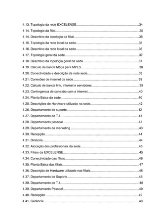4.13. Topologia da rede EXCELENSE.......................................................................34
4.14. Topologia da filial...............................................................................................35
4.14. Descritivo da topologia da filial..........................................................................35
4.15. Topologia da rede local da sede.......................................................................36
4.16. Descritivo da rede local da sede.......................................................................36
4.17. Topologia geral da sede....................................................................................37
4.18. Descritivo da topologia geral da sede...............................................................37
4.19. Calculo de banda Mbps para MPLS..................................................................38
4.20. Conectividade e descrição da rede sede..........................................................38
4.21. Conexões de internet da sede..........................................................................39
4.22. Calculo de banda link, internet e servidores......................................................39
4.23. Contingencia de conexão com a internet..........................................................40
4.24. Planta Baixa da sede........................................................................................40
4.25. Descrições de Hardware utilizado na sede.......................................................42
4.26. Departamento de suporte.................................................................................42
4.27. Departamento de T.I.........................................................................................43
4.28. Departamento pessoal......................................................................................43
4.29. Departamento de marketing .............................................................................43
4.30. Recepção..........................................................................................................44
4.31. Diretoria.............................................................................................................44
4.32. Alocação dos profissionais da sede..................................................................45
4.33. Filiais da EXCELENSE......................................................................................45
4.34. Conectividade das filiais....................................................................................46
4.35. Planta Baixa das filiais.......................................................................................47
4.36. Descrição de Hardware utilizado nas filiais.......................................................48
4.37. Departamento de Suporte.................................................................................48
4.38. Departamento de T.I..........................................................................................48
4.39. Departamento Pessoal......................................................................................49
4.40. Recepção..........................................................................................................49
4.41. Gerência............................................................................................................49
 