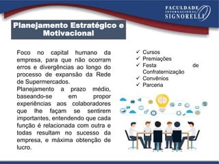 Planejamento Estratégico e
Motivacional
Foco no capital humano da
empresa, para que não ocorram
erros e divergências ao longo do
processo de expansão da Rede
de Supermercados.
Planejamento a prazo médio,
baseando-se em propor
experiências aos colaboradores
que lhe façam se sentirem
importantes, entendendo que cada
função é relacionada com outra e
todas resultam no sucesso da
empresa, e máxima obtenção de
lucro.
 Cursos
 Premiações
 Festa de
Confraternização
 Convênios
 Parceria
 