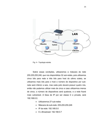 25




      Fig. 4 – Topologia estrela.




      Sobre essas condições, utilizaremos a máscara de rede
255.255.255.248, que nos disponibiliza 32 sub-redes, pois utilizamos
cinco bits para rede e três bits para host do ultimo octeto, se
utilizamos mais bits para o host o número de dispositivo por sub-
rede será inferior a seis, mas cada polo deverá possuir quatro nós,
então não podemos utilizar mais de cinco e caso utilizarmos menos
de cinco, o número de dispositivos será quatorze, e a rede ficará
mais vulnerável. A faixa de IP por ser classe C e privada, será
192.168.0.0.
              Utilizaremos 27 sub-redes
              Máscara de sub-rede: 255.255.255.248
              IP da rede: 192.168.0.0
              E o Broadcast: 192.168.0.7




                   Polo Generalíssimo
                       Belém – PA
                          2012
 