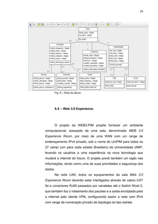 29




      Fig. 8 – Área do aluno.




      6.4 – Web 3.0 Experience.




      O projeto da WEB3.PIM propõe fornecer um ambiente
computacional, acessado de uma sala, denominada WEB 3.0
Experience Room, por meio de uma WAN com um range de
endereçamento IPv4 privado, sob o nome de UniPIM para todos os
27 campi (um para cada estado Brasileiro) da Universidade UNIP,
levando os usuários a uma experiência na nova tecnologia que
mudará a internet do futuro. O projeto prevê também um sigilo nas
informações, tendo como uma de suas prioridades a segurança dos
dados.
      Na rede LAN, todos os equipamentos da sala Web 3.0
Experience Room deverão estar interligados através de cabos CAT
5e e conectores RJ45 passados por canaletas até o Switch Nível 2,
que também faz o roteamento dos pacotes e a saída encriptada para
a internet pelo cliente VPN, configurando assim a rede com IPv4
com range de numeração privado de topologia do tipo estrela.

                   Polo Generalíssimo
                       Belém – PA
                          2012
 