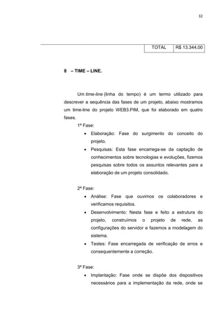 32




                                              TOTAL      R$ 13.344,00




8 – TIME – LINE.




         Um time-line (linha do tempo) é um termo utilizado para
descrever a sequência das fases de um projeto, abaixo mostramos
um time-line do projeto WEB3.PIM, que foi elaborado em quatro
fases.
         1ª Fase:
               Elaboração: Fase do surgimento do conceito do
                projeto.
               Pesquisas: Esta fase encarrega-se da captação de
                conhecimentos sobre tecnologias e evoluções, fizemos
                pesquisas sobre todos os assuntos relevantes para a
                elaboração de um projeto consolidado.


         2ª Fase:
               Análise: Fase que ouvimos os colaboradores e
                verificamos requisitos.
               Desenvolvimento: Nesta fase e feito a estrutura do
                projeto,   construímos    o   projeto   de   rede,   as
                configurações do servidor e fazemos a modelagem do
                sistema.
               Testes: Fase encarregada de verificação de erros e
                consequentemente a correção.


         3ª Fase:
               Implantação: Fase onde se dispõe dos dispositivos
                necessários para a implementação da rede, onde se

                    Polo Generalíssimo
                        Belém – PA
                           2012
 