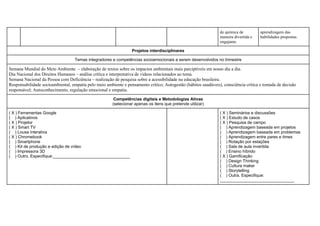 de química de
maneira divertida e
engajante.
aprendizagem das
habilidades propostas.
Projetos interdisciplinares
Temas integradores e competências socioemocionais a serem desenvolvidos no trimestre
Semana Mundial do Meio Ambiente – elaboração de textos sobre os impactos ambientais mais parciptíveis em nosso dia a dia.
Dia Nacional dos Direitos Humanos – análise crítica e interpretativa de vídeos relacionados ao tema.
Semana Nacional da Pessoa com Deficiência – realização de pesquisa sobre a acessibilidade na educação brasileira.
Responsabilidade socioambiental, empatia pelo meio ambiente e pensamento crítico; Autogestão (hábitos saudáveis), consciência crítica e tomada de decisão
responsável; Autoconhecimento, regulação emocional e empatia.
Competências digitais e Metodologias Ativas
(selecionar apenas os itens que pretende utilizar)
( X ) Ferramentas Google
( ) Aplicativos
( X ) Projetor
( X ) Smart TV
( ) Lousa interativa
( X ) Chromebook
( ) Smartphone
( ) Kit de produção e edição de vídeo
( ) Impressora 3D
( ) Outro. Especifique:_________________________________
( X ) Seminários e discussões
( X ) Estudo de casos
( X ) Pesquisa de campo
( ) Aprendizagem baseada em projetos
( ) Aprendizagem baseada em problemas
( ) Aprendizagem entre pares e times
( ) Rotação por estações
( ) Sala de aula invertida
( ) Ensino híbrido
( X ) Gamificação
( ) Design Thinking
( ) Cultura maker
( ) Storytelling
( ) Outra. Especifique:
________________________________
 