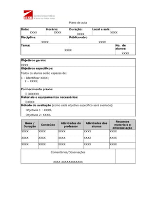 Plano de aula

Data:                 Horário:      Duração:          Local e sala:
        XXXX               XXXX                                    XXXX
                                         XXXX
Disciplina:                         Público-alvo:
                XXXX                                      XXXX
Tema:                                                                 No. de
                                                                      alunos:
                                  XXXX
                                                                           XXXX

Objetivos gerais:
XXXX
Objetivos específicos:
Todos os alunos serão capazes de:
1 – Identificar XXXX;
   2 – XXXX;


Conhecimento prévio:
   XXXXXX
Materiais e equipamentos necessários:
  XXXX
Método de avaliação (como cada objetivo específico será avaliado):
   Objetivos 1 : XXXX.
   Objetivos 2: XXXX.

                                                                       Recursos
   Hora /                     Atividades do       Atividades dos
                Conteúdo                                              materiais e
  Duração                       professor             alunos
                                                                     diferenciação
XXXX           XXXX          XXXX              XXXX                XXXX

XXXX           XXXX          XXXX              XXXX                XXXX

XXXX           XXXX          XXXX              XXXX                XXXX


                        Comentários/Observações


                          XXXX XXXXXXXXXXXX
 