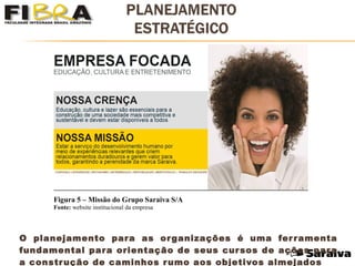 O planejamento para as organizações é uma ferramenta
fundamental para orientação de seus cursos de ações para
a construção de caminhos rumo aos objetivos almejados
Figura 5 – Missão do Grupo Saraiva S/A
Fonte: website institucional da empresa
 