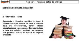 3. Referencial Teórico
Apresenta o histórico cientifico do tema. A
contextualização teórica na qual o trabalho
deve ser desenvolvido, sendo citados
pesquisadores e pesquisas. Representa toda
a base do trabalho, ajudando na resposta
dos porquês, isto é, na busca do objetivo
proposto.
Estrutura do Projeto Integrador
Tópico 1 – Regras e datas de entrega
 