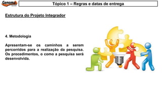 4. Metodologia
Apresentam-se os caminhos a serem
percorridos para a realização da pesquisa.
Os procedimentos, o como a pesquisa será
desenvolvida.
Estrutura do Projeto Integrador
Tópico 1 – Regras e datas de entrega
 