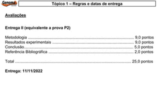 Entrega II (equivalente a prova P2)
Metodologia ................................................................................................ 9,0 pontos
Resultados experimentais .......................................................................... 9,0 pontos
Conclusão................................................................................................... 5,0 pontos
Referência Bibliográfica ............................................................................. 2,0 pontos
Total ......................................................................................................... 25,0 pontos
Entrega: 11/11/2022
Avaliações
Tópico 1 – Regras e datas de entrega
 