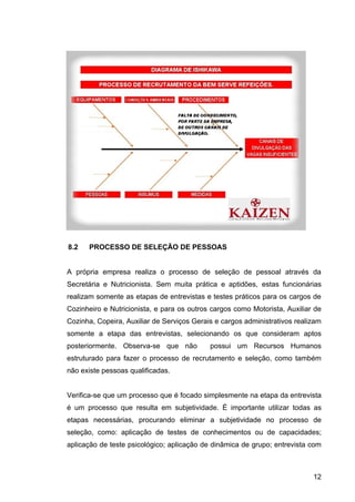 8.2   PROCESSO DE SELEÇÃO DE PESSOAS


A própria empresa realiza o processo de seleção de pessoal através da
Secretária e Nutricionista. Sem muita prática e aptidões, estas funcionárias
realizam somente as etapas de entrevistas e testes práticos para os cargos de
Cozinheiro e Nutricionista, e para os outros cargos como Motorista, Auxiliar de
Cozinha, Copeira, Auxiliar de Serviços Gerais e cargos administrativos realizam
somente a etapa das entrevistas, selecionando os que consideram aptos
posteriormente. Observa-se que não          possui um Recursos Humanos
estruturado para fazer o processo de recrutamento e seleção, como também
não existe pessoas qualificadas.


Verifica-se que um processo que é focado simplesmente na etapa da entrevista
é um processo que resulta em subjetividade. É importante utilizar todas as
etapas necessárias, procurando eliminar a subjetividade no processo de
seleção, como: aplicação de testes de conhecimentos ou de capacidades;
aplicação de teste psicológico; aplicação de dinâmica de grupo; entrevista com



                                                                            12
 