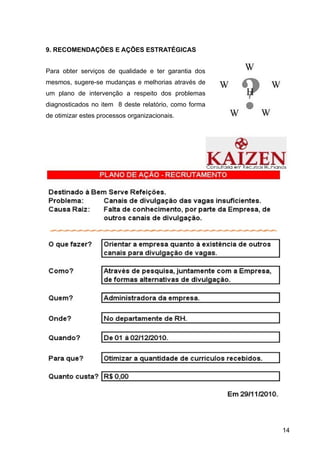 9. RECOMENDAÇÕES E AÇÕES ESTRATÉGICAS


Para obter serviços de qualidade e ter garantia dos
mesmos, sugere-se mudanças e melhorias através de
um plano de intervenção a respeito dos problemas
diagnosticados no item 8 deste relatório, como forma
de otimizar estes processos organizacionais.




                                                       14
 