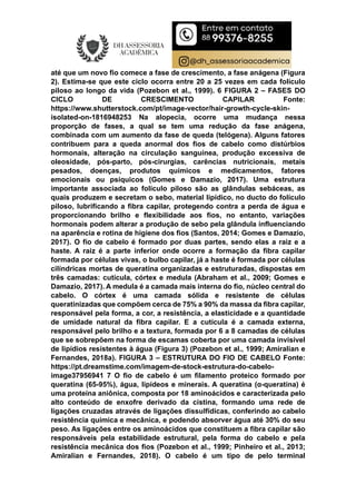 até que um novo fio comece a fase de crescimento, a fase anágena (Figura
2). Estima-se que este ciclo ocorra entre 20 a 25 vezes em cada folículo
piloso ao longo da vida (Pozebon et al., 1999). 6 FIGURA 2 – FASES DO
CICLO DE CRESCIMENTO CAPILAR Fonte:
https://www.shutterstock.com/pt/image-vector/hair-growth-cycle-skin-
isolated-on-1816948253 Na alopecia, ocorre uma mudança nessa
proporção de fases, a qual se tem uma redução da fase anágena,
combinada com um aumento da fase de queda (telógena). Alguns fatores
contribuem para a queda anormal dos fios de cabelo como distúrbios
hormonais, alteração na circulação sanguínea, produção excessiva de
oleosidade, pós-parto, pós-cirurgias, carências nutricionais, metais
pesados, doenças, produtos químicos e medicamentos, fatores
emocionais ou psíquicos (Gomes e Damazio, 2017). Uma estrutura
importante associada ao folículo piloso são as glândulas sebáceas, as
quais produzem e secretam o sebo, material lipídico, no ducto do folículo
piloso, lubrificando a fibra capilar, protegendo contra a perda de água e
proporcionando brilho e flexibilidade aos fios, no entanto, variações
hormonais podem alterar a produção de sebo pela glândula influenciando
na aparência e rotina de higiene dos fios (Santos, 2014; Gomes e Damazio,
2017). O fio de cabelo é formado por duas partes, sendo elas a raiz e a
haste. A raiz é a parte inferior onde ocorre a formação da fibra capilar
formada por células vivas, o bulbo capilar, já a haste é formada por células
cilíndricas mortas de queratina organizadas e estruturadas, dispostas em
três camadas: cutícula, córtex e medula (Abraham et al., 2009; Gomes e
Damazio, 2017). A medula é a camada mais interna do fio, núcleo central do
cabelo. O córtex é uma camada sólida e resistente de células
queratinizadas que compõem cerca de 75% a 90% da massa da fibra capilar,
responsável pela forma, a cor, a resistência, a elasticidade e a quantidade
de umidade natural da fibra capilar. E a cutícula é a camada externa,
responsável pelo brilho e a textura, formada por 6 a 8 camadas de células
que se sobrepõem na forma de escamas coberta por uma camada invisível
de lipídios resistentes à água (Figura 3) (Pozebon et al., 1999; Amiralian e
Fernandes, 2018a). FIGURA 3 – ESTRUTURA DO FIO DE CABELO Fonte:
https://pt.dreamstime.com/imagem-de-stock-estrutura-do-cabelo-
image37956941 7 O fio de cabelo é um filamento proteico formado por
queratina (65-95%), água, lipídeos e minerais. A queratina (α-queratina) é
uma proteína aniônica, composta por 18 aminoácidos e caracterizada pelo
alto conteúdo de enxofre derivado da cistina, formando uma rede de
ligações cruzadas através de ligações dissulfídicas, conferindo ao cabelo
resistência química e mecânica, e podendo absorver água até 30% do seu
peso. As ligações entre os aminoácidos que constituem a fibra capilar são
responsáveis pela estabilidade estrutural, pela forma do cabelo e pela
resistência mecânica dos fios (Pozebon et al., 1999; Pinheiro et al., 2013;
Amiralian e Fernandes, 2018). O cabelo é um tipo de pelo terminal
 