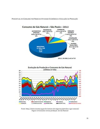 35 
PERCENTUAL DE CONSUMO POR RAMO DE ATIVIDADE ECONÔMICA E EVOLUÇÃO DA PRODUÇÃO 
Fonte: http://www.investe.sp.gov.br/setores-de-negocios/petroleo-e-gas-natural/ 
Figura 13:Conusmo versus produção do Gás Natural 
 