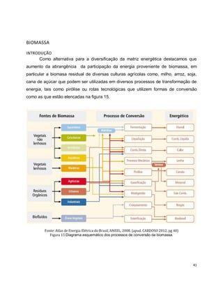 41 
BIOMASSA 
INTRODUÇÃO 
Como alternativa para a diversificação da matriz energética destacamos que 
aumento da abrangência da participação da energia proveniente de biomassa, em 
particular a biomasa residual de diversas culturas agrícolas como, milho, arroz, soja, 
cana de açúcar que podem ser utilizadas em diversos processos de transformação de 
energia, tais como pirólise ou rotas tecnológicas que utilizem formas de conversão 
como as que estão elencadas na figura 15. 
Fonte: Atlas de Energia Elétrica do Brasil, ANEEL, 2008. (apud. CARDOSO 2012, pg 40) 
Figura 15 Diagrama esquemático dos processos de conversão da biomassa. 
 