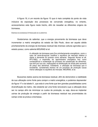 A figura 16, é um recorte da figura 15 que é mais completa do ponto de vista 
inclusive da exposição dos processos de conversão energética, no entanto, 
acrescentamos esta figura neste trecho, afim de ressaltar as diferentes origens da 
biomassa, 
43 
ENERGIA DA BIOMASSA X PRODUÇÃO DE ALIMENTOS 
Gostaríamos de salientar, que a energia proveniente da biomassa que deve 
incrementar a matriz energética do estado de São Paulo, deve ser aquela obtida 
prioritariamente da energia da biomassa residual das diversas culturas agrícolas que o 
estado possui, como salienta MOURAD et al. 
A utilização da biomassa para fins prioritariamente energéticos, como o 
caso da cana-de-açúcar modifica o equilíbrio de mercado relativo à 
oferta e demanda do produto como alimento. Segundo Nunes et all, 
IPT(1982), a expansão da agroindústria energética traz como 
conseqüência a aceleração do processo de substituição de alimentos, 
que tem por sua vez, implicações na distribuição de renda pelo aumento 
de preço dos alimentos. Entretanto, a utilização da biomassa que é 
excedente, considerada resíduo de um processo de produção causa 
menor alteração no equilíbrio de mercado. MOURAD, et al. 
Buscamos dados acerca da biomassa residual, afim de demonstrar a viabilidade 
de sua utilização como fonte para compor a matriz energética, e podemos depreender 
da figura 17 e da tabela 9 , que esta é uma fonte que tem grandes possibilidades como 
diversificação da matriz, não obstante ser uma fonte renovável e que a utilização deve 
ser no campo afim de minimizar os custos de produção, ou seja, deve-se implantar 
usinas de produção de energia a partir da biomassa residual nas proximidades do 
campo onde se produz a biomassa. 
 