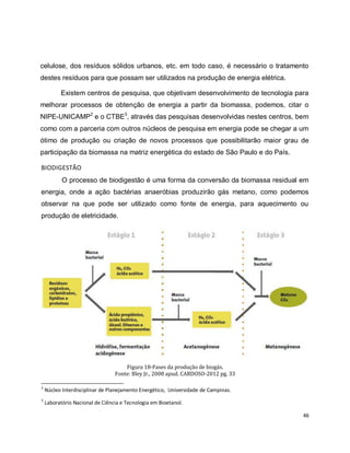 celulose, dos resíduos sólidos urbanos, etc. em todo caso, é necessário o tratamento 
destes resíduos para que possam ser utilizados na produção de energia elétrica. 
Existem centros de pesquisa, que objetivam desenvolvimento de tecnologia para 
melhorar processos de obtenção de energia a partir da biomassa, podemos, citar o 
NIPE-UNICAMP2 e o CTBE3, através das pesquisas desenvolvidas nestes centros, bem 
como com a parceria com outros núcleos de pesquisa em energia pode se chegar a um 
ótimo de produção ou criação de novos processos que possibilitarão maior grau de 
participação da biomassa na matriz energética do estado de São Paulo e do País. 
46 
BIODIGESTÃO 
O processo de biodigestão é uma forma da conversão da biomassa residual em 
energia, onde a ação bactérias anaeróbias produzirão gás metano, como podemos 
observar na que pode ser utilizado como fonte de energia, para aquecimento ou 
produção de eletricidade. 
Figura 18-Fases da produção de biogás. 
Fonte: Bley Jr., 2008 apud. CARDOSO-2012 pg. 33 
2 Núcleo Interdisciplinar de Planejamento Energético, Universidade de Campinas. 
3 Laboratório Nacional de Ciência e Tecnologia em Bioetanol. 
 