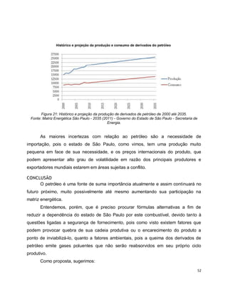 52 
Figura 21: Histórico e projeção da produção de derivados de petróleo de 2000 até 2035. 
Fonte: Matriz Energética São Paulo - 2035 (2011) - Governo do Estado de São Paulo - Secretaria de 
Energia. 
As maiores incertezas com relação ao petróleo são a necessidade de 
importação, pois o estado de São Paulo, como vimos, tem uma produção muito 
pequena em face de sua necessidade, e os preços internacionais do produto, que 
podem apresentar alto grau de volatilidade em razão dos principais produtores e 
exportadores mundiais estarem em áreas sujeitas a conflito. 
CONCLUSÃO 
O petróleo é uma fonte de suma importância atualmente e assim continuará no 
futuro próximo, muito possivelmente até mesmo aumentando sua participação na 
matriz energética. 
Entendemos, porém, que é preciso procurar fórmulas alternativas a fim de 
reduzir a dependência do estado de São Paulo por este combustível, devido tanto à 
questões ligadas a segurança de fornecimento, pois como visto existem fatores que 
podem provocar quebra de sua cadeia produtiva ou o encarecimento do produto a 
ponto de inviabilizá-lo, quanto a fatores ambientais, pois a queima dos derivados de 
petróleo emite gases poluentes que não serão reabsorvidos em seu próprio ciclo 
produtivo. 
Como proposta, sugerimos: 
 