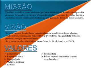 Distribuir e vender o maior número de produtos farmacêuticos atuando como parceiro
de nossos fornecedores e clientes, oferecendo soluções integradas de venda e logística.
Atendendo nossos clientes com produtos de alta qualidade, dentro de nosso segmento.
Ser uma empresa de referência, reconhecida como a melhor opção por clientes,
colaboradores, comunidade, fornecedores e investidores, pela qualidade de nossos
produtos, serviços e relacionamento.
Ser o maior e melhor distribuidor farmacêutico do Rio de Janeiro até 2020.
 Compromisso
 Responsabilidade
 Transparência
 Melhoria contínua
 Rapidez
 Pontualidade
 Ética e respeito com nossos clientes
e colaboradores
 