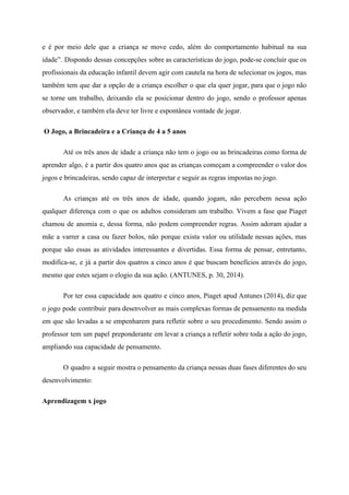 e é por meio dele que a criança se move cedo, além do comportamento habitual na sua
idade”. Dispondo dessas concepções sobre as características do jogo, pode-se concluir que os
profissionais da educação infantil devem agir com cautela na hora de selecionar os jogos, mas
também tem que dar a opção de a criança escolher o que ela quer jogar, para que o jogo não
se torne um trabalho, deixando ela se posicionar dentro do jogo, sendo o professor apenas
observador, e também ela deve ter livre e espontânea vontade de jogar.
​O Jogo, a Brincadeira e a Criança de 4 a 5 anos
Até os três anos de idade a criança não tem o jogo ou as brincadeiras como forma de
aprender algo, é a partir dos quatro anos que as crianças começam a compreender o valor dos
jogos e brincadeiras, sendo capaz de interpretar e seguir as regras impostas no jogo.
As crianças até os três anos de idade, quando jogam, não percebem nessa ação
qualquer diferença com o que os adultos consideram um trabalho. Vivem a fase que Piaget
chamou de anomia e, dessa forma, não podem compreender regras. Assim adoram ajudar a
mãe a varrer a casa ou fazer bolos, não porque exista valor ou utilidade nessas ações, mas
porque são essas as atividades interessantes e divertidas. Essa forma de pensar, entretanto,
modifica-se, e já a partir dos quatros a cinco anos é que buscam benefícios através do jogo,
mesmo que estes sejam o elogio da sua ação. (ANTUNES, p. 30, 2014).
Por ter essa capacidade aos quatro e cinco anos, Piaget apud Antunes (2014), diz que
o jogo pode contribuir para desenvolver as mais complexas formas de pensamento na medida
em que são levadas a se empenharem para refletir sobre o seu procedimento. Sendo assim o
professor tem um papel preponderante em levar a criança a refletir sobre toda a ação do jogo,
ampliando sua capacidade de pensamento.
O quadro a seguir mostra o pensamento da criança nessas duas fases diferentes do seu
desenvolvimento:
Aprendizagem x jogo
 
