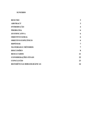 SUMÁRIO
RESUMO
ABSTRACT
INTRODUÇÃO
PROBLEMA
JUSTIFICATIVA
OBJETIVO GERAL
OBJETIVO ESPECÍFICO
HIPÓTESE
MATERIAIS E MÉTODOS
DISCUSSÕES
RESULTADOS
CONSIDERAÇÕES FINAIS
CONCLUSÃO
REFERÊNCIAS BIBLIOGRÁFICAS
3
3
4
6
6
6
6
7
7
8
21
22
23
24
 