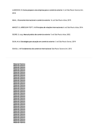 LUDOVICO, N. Como preparar uma empresa para o comércio exterior. 2. ed. São Paulo: Saraiva Uni,
2018.
MAIA, J. Economia internacional e comércio exterior. 16. ed. São Paulo: Atlas, 2019.
MINGST, K.; ARREGUIN-TOFT, I. M. Princípios de relações internacionais. 6. ed. São Paulo: Atlas, 2014.
SEGRE, G. (org.). Manual prático de comércio exterior. 5. ed. São Paulo: Atlas, 2022.
SILVA, M. A. Estratégias para atuação em comércio exterior. 3. ed. São Paulo: Senac, 2019.
SOUSA, J. M. Fundamentos do comércio internacional. São Paulo: Saraiva Uni, 2012.
Material Teórico
Material Teórico
Material Teórico
Material Teórico
Material Teórico
Material Teórico
Material Teórico
Material Teórico
Material Teórico
Material Teórico
Material Teórico
Material Teórico
Material Teórico
Material Teórico
Material Teórico
Material Teórico
Material Teórico
Material Teórico
Material Teórico
Material Teórico
Material Teórico
Material Teórico
Material Teórico
Material Teórico
Material Teórico
Material Teórico
Material Teórico
Material Teórico
Material Teórico
Material Teórico
Material Teórico
Material Teórico
Material Teórico
Material Teórico
Material Teórico
Material Teórico
Material Teórico
 