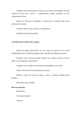 Trabalhar valores, destacando a evolução e seus reflexos na atualidade, trazendo
reflexões de como era e como é o comportamento humano mediando um bom
comportamento futuro.

       Destacar as diferenças e igualdades e a partir delas se entender como sujeito
pertencente ao mundo.

       Constituir sujeitos críticos, reflexivos e ponderáveis.

       Estabelecer noção de localização.




Conteúdos desenvolvidos com o projeto:




       Sendo este projeto desenvolvido em uma turma de segundo ano do ensino
fundamental, busca-se estabelecer ligações entre conteúdos que abrangem esta série.

       Português, com a escrita dos dados obtidos, com a leitura na busca de novos
dados e na montagem do esquema final.

       Geografia, com o estudo da localização dos descendentes e a do aluno.

       Ciência, através do estudo das diferenças corporais.

       História, a partir do conto das origens, valores e costumes relatados pelos
parentes.

       Informática, busca de dados.

Recursos materiais.

       Questionário

       Tecnologia (internet)

       Cartolina
 