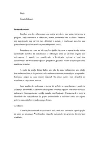 Lápis

       Caneta hidrocor




Desenvolvimento:

       Escolher um dos sobrenomes, que esteja acessível, para então iniciarmos a
pesquisa. Após determinar o sobrenome, iremos juntamente com os alunos, formular
um questionário que servirá para delimitar o estudo e estabelecer aspectos que
possivelmente poderemos utilizar para enriquecer o estudo.

       Posteriormente, com as informações obtidas faremos a separação dos dados
delimitando aspectos de semelhanças e diferenças entre as diversas origens dos
sobrenomes. E levando em consideração a localização regional e local dos
descendentes, desenvolvendo aspectos geográficos, podendo utilizar a tecnologia como
auxilio de pesquisa.

       A partir da coleta destes dados, em sala de aula, realizaremos um estudo
buscando semelhanças de parentescos levando em consideração as origens pesquisadas.
Formando grupos de cada origem regional. Os alunos juntos iram descobrir as
semelhanças e apresentar a turma.

       Com auxilio da professora, a turma irá refletir as semelhanças e possíveis
diferenças encontradas. Elaborando um esquema contendo aspectos relevantes exaltados
pelo grupo. Como costumes, comida, moradia e profissão etc.. O esquema deve expor a
identidade dos descendentes do grupo, evidenciando o individuo como um sujeito
próprio, que estabelece relação com os demais.

Avaliação:

       A avaliação acontecerá no decorrer da aula, onde será observada a participação
de todos nas atividades. Verificando o empenho individual e em grupo no decorrer das
atividades.
 