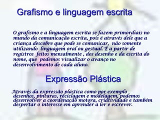 Grafismo e linguagem escrita     O grafismo e a linguagem escrita se fazem primordiais no mundo da comunicação escrita, pois é através dele que a criança descobre que pode se comunicar,  não somente utilizando  linguagem oral ou gestual. É a partir de registros  feitos mensalmente , dos desenho e da escrita do nome, que  podemos visualizar o avanço no  desenvolvimento de cada aluno.Expressão Plástica   Através da expressão plástica como por exemplo desenhos, pinturas, reciclagem e modelagem, podemos desenvolver a coordenação motora, criatividade e também despertar o interesse em aprender a ler e escrever.