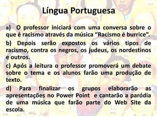 Língua Portuguesa
a) O professor iniciará com uma conversa sobre o
que é racismo através da música “Racismo é burrice”.
b) Depois serão expostos os vários tipos de
racismo, contra os negros, os judeus, os nordestinos
e outros.
c) Após a leitura o professor promoverá um debate
sobre o tema e os alunos farão uma produção de
texto.
d) Para finalizar os grupos elaborarão as
apresentações no Power Point e cantarão a paródia
de uma música que farão parte do Web Site da
escola.
 