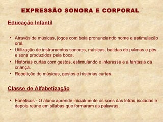 EXPRESSÃO SONORA E CORPORAL  Educação Infantil Através de músicas, jogos com bola pronunciando nome e estimulação oral. Utilização de instrumentos sonoros, músicas, batidas de palmas e pés e sons produzidos pela boca. Historias curtas com gestos, estimulando o interesse e a fantasia da criança. Repetição de músicas, gestos e histórias curtas. Classe de Alfabetização Fonéticos - O aluno aprende inicialmente os sons das letras isoladas e depois reúne em sílabas que formaram as palavras. 