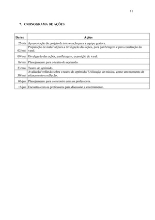 11



  7. CRONOGRAMA DE AÇÕES



Datas                                               Ações
 25/abr Apresentação do projeto de intervenção para a equipe gestora.
        Preparação de material para a divulgação das ações, para panfletagem e para construção do
 02/mai varal.
 09/mai Divulgação das ações, panfletagem, exposição do varal.
 16/mai Planejamento para o teatro do oprimido.
 23/mai Teatro do oprimido.
        Avaliação/ reflexão sobre o teatro do oprimido/ Utilização de música, como um momento de
 30/mai relaxamento e reflexão.
 06/jun Planejamento para o encontro com os professores.
 13/jun Encontro com os professores para discussão e encerramento.
 