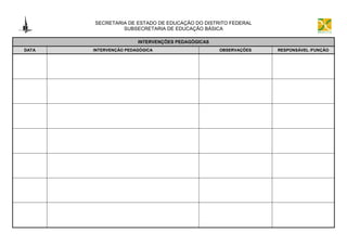 SECRETARIA DE ESTADO DE EDUCAÇÃO DO DISTRITO FEDERAL
                SUBSECRETARIA DE EDUCAÇÃO BÁSICA

                       INTERVENÇÕES PEDAGÓGICAS
DATA   INTERVENÇÃO PEDAGÓGICA                     OBSERVAÇÕES   RESPONSÁVEL /FUNÇÃO
 