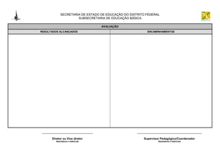 SECRETARIA DE ESTADO DE EDUCAÇÃO DO DISTRITO FEDERAL
                      SUBSECRETARIA DE EDUCAÇÃO BÁSICA

                                  AVALIAÇÃO
RESULTADOS ALCANÇADOS                                     ENCAMINHAMENTOS




 _____________________________                       _____________________________________

      Diretor ou Vice diretor                           Supervisor Pedagógico/Coordenador
         Assinatura e matrícula                                  Assinatura e matrícula
 