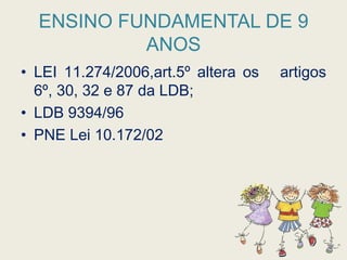 ENSINO FUNDAMENTAL DE 9 ANOSLEI 11.274/2006,art.5º altera os   artigos 6º, 30, 32 e 87 da LDB;LDB 9394/96PNE Lei 10.172/02