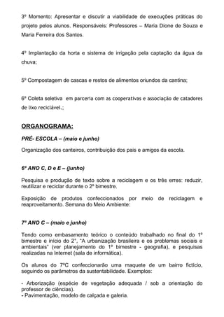 3º Momento: Apresentar e discutir a viabilidade de execuções práticas do
projeto pelos alunos. Responsáveis: Professores – Maria Dione de Souza e
Maria Ferreira dos Santos.
4º Implantação da horta e sistema de irrigação pela captação da água da
chuva;
5º Compostagem de cascas e restos de alimentos oriundos da cantina;
6º Coleta seletiva em parceria com as cooperativas e associação de catadores
de lixo reciclável.;
ORGANOGRAMA:
PRÉ- ESCOLA – (maio e junho)
Organização dos canteiros, contribuição dos pais e amigos da escola.
6º ANO C, D e E – (junho)
Pesquisa e produção de texto sobre a reciclagem e os três erres: reduzir,
reutilizar e reciclar durante o 2º bimestre.
Exposição de produtos confeccionados por meio de reciclagem e
reaproveitamento. Semana do Meio Ambiente:
7º ANO C – (maio e junho)
Tendo como embasamento teórico o conteúdo trabalhado no final do 1º
bimestre e início do 2°, “A urbanização brasileira e os problemas sociais e
ambientais” (ver planejamento do 1º bimestre - geografia), e pesquisas
realizadas na Internet (sala de informática).
Os alunos do 7ºC confeccionarão uma maquete de um bairro fictício,
seguindo os parâmetros da sustentabilidade. Exemplos:
- Arborização (espécie de vegetação adequada / sob a orientação do
professor de ciências).
- Pavimentação, modelo de calçada e galeria.
 