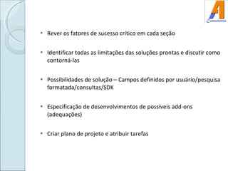 Rever os fatores de sucesso crítico em cada seção Identificar todas as limitações das soluções prontas e discutir como contorná-las Possibilidades de solução – Campos definidos por usuário/pesquisa formatada/consultas/SDK Especificação de desenvolvimentos de possíveis add-ons (adequações) Criar plano de projeto e atribuir tarefas 