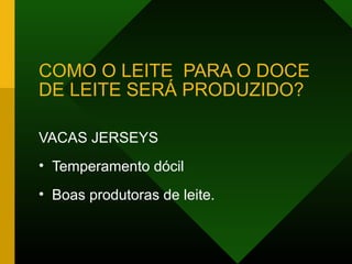 COMO O LEITE PARA O DOCE
DE LEITE SERÁ PRODUZIDO?
VACAS JERSEYS
• Temperamento dócil
• Boas produtoras de leite.
 