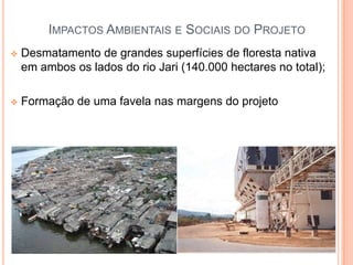 IMPACTOS AMBIENTAIS E SOCIAIS DO PROJETO
 Desmatamento de grandes superfícies de floresta nativa
em ambos os lados do rio Jari (140.000 hectares no total);
 Formação de uma favela nas margens do projeto
 