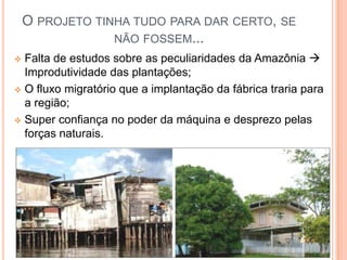 O PROJETO TINHA TUDO PARA DAR CERTO, SE
NÃO FOSSEM...
 Falta de estudos sobre as peculiaridades da Amazônia 
Improdutividade das plantações;
 O fluxo migratório que a implantação da fábrica traria para
a região;
 Super confiança no poder da máquina e desprezo pelas
forças naturais.
 