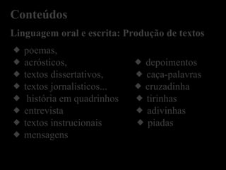 Linguagem oral e escrita: Produção de textos
Conteúdos
 poemas,
 acrósticos,  depoimentos
 textos dissertativos,  caça-palavras
 textos jornalísticos...  cruzadinha
 história em quadrinhos  tirinhas
 entrevista  adivinhas
 textos instrucionais  piadas
 mensagens
 