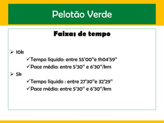 Pelotão Verde Faixas de tempo 10k Tempo líquido: entre 55’00’’e 1h04’59’’ Pace médio: entre 5’30’’ e 6’30’’/km 5k Tempo líquido : entre 27’30’’e 32’29’’ Pace médio: entre 5’30’’ e 6’30’’/km 